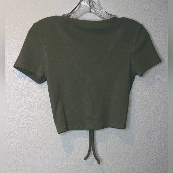 Zara Cropped V Neck Ruched front Top in Sage Green - Picture 4 of 6